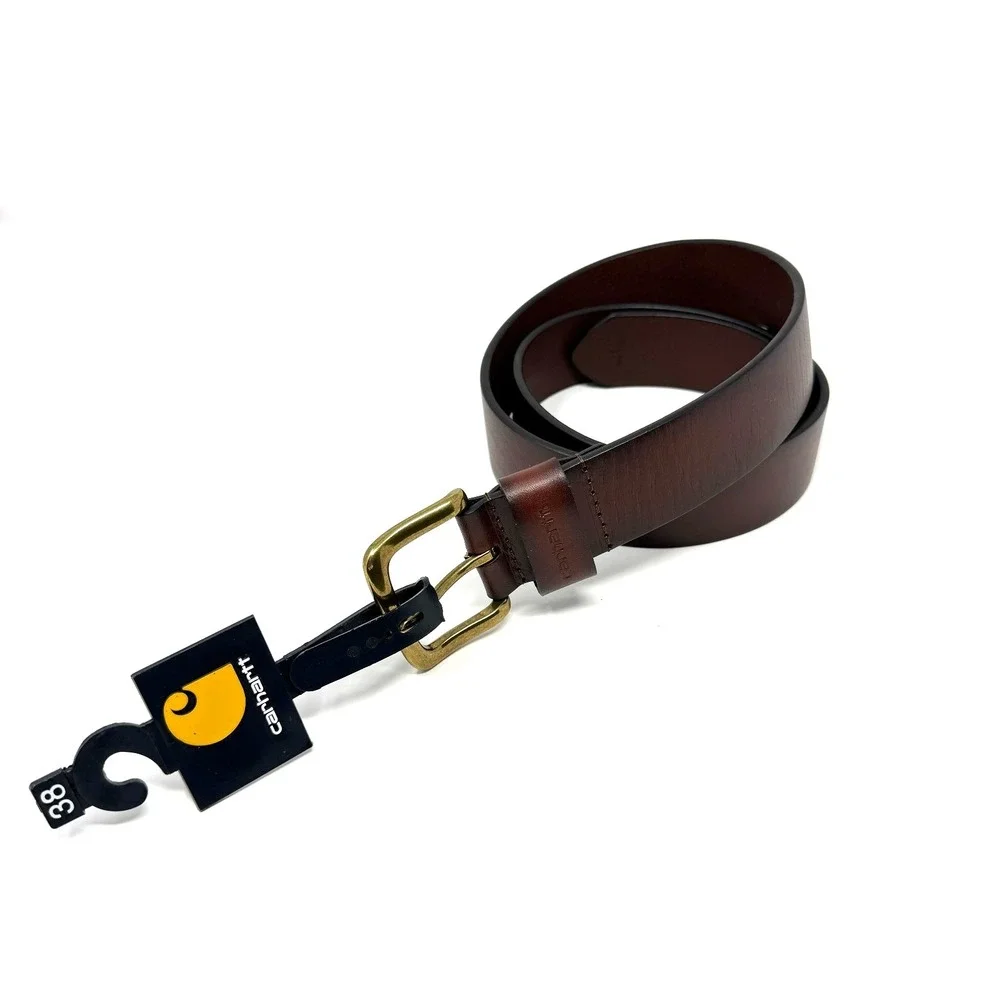 Carhartt Brown Genuine Leather Belt Size 38 Brass Buckle Workwear NWT